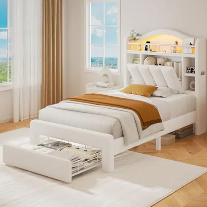 JOCOEVOL Twin Size Bed Frame with LED Storage Headboard & Drawers