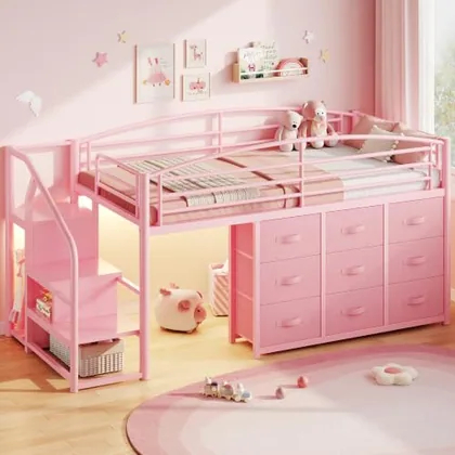 JOCOEVOL Low Loft Bed with 9 Storage Drawers