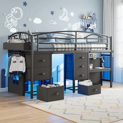JOCOEVOL Low Loft Bed Twin Size with 7 Storage Drawers