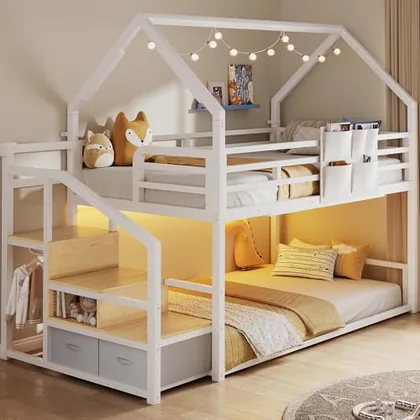 JOCOEVOL Metal Bunk Bed Twin Over Twin with Storage Staircase