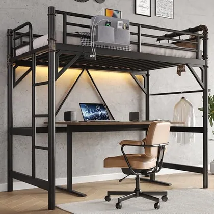 JOCOEVOL Twin Size Loft Bed with LED Lights and Charging Station