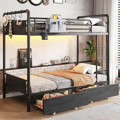 JOCOEVOL Metal LED Bunk Bed Twin Over Twin with 2 Storage Drawers