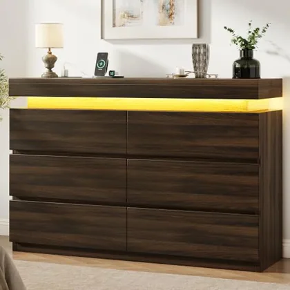 JOCOEVOL 6 Drawer Dresser with LED Lights and Charging Station