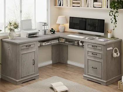 JOCOEVOL Farmhouse L Shaped Executive Desk with 4 Drawers